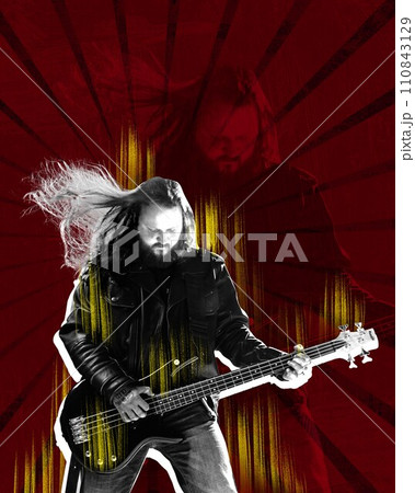 Poster. Contemporary art collage. Man, looks as rock star playing guitar energetic music against red and black backdrop with reflection on background. Poster. Contemporary art collage. Man, looks as rock star playing guitar energetic music against red and black backdrop with reflection on background. 110843129