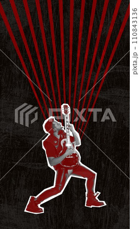 Poster. Contemporary art collage. Red-toned guitarist playing energetic heavy metal with lightning graphics against dark, textured backdrop. Copy space. 110843136