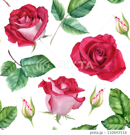 Watercolor seamless pattern with flower Rose blooms, buds and leaves. Botanical repeat pattern. For wrapping wallpaper fabric textile Watercolor seamless pattern with flower Rose blooms, buds and leaves. Botanical repeat pattern. For wrapping wallpaper fabric textile 110843518