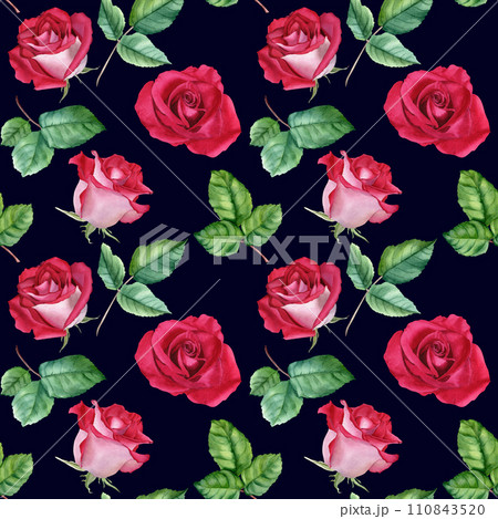 Watercolor seamless pattern, repeat pattern with flower Rose blooms and leaves. Botanical illustration. For wrapping wallpaper fabric textile Watercolor seamless pattern, repeat pattern with flower Rose blooms and leaves. Botanical illustration. For wrapping wallpaper fabric textile 110843520