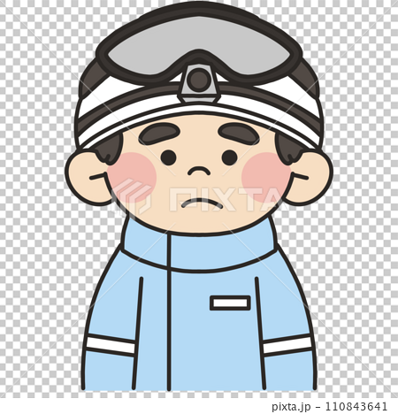 感染防止衣を着て正面を向いて困った顔をしている男性救急隊員のイラスト 110843641