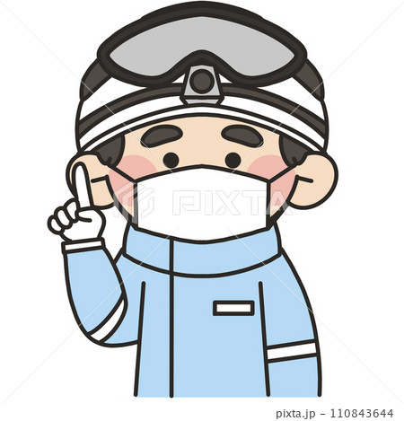 感染防止衣を着てマスクをつけた指差しポーズをしている男性救急隊員 110843644
