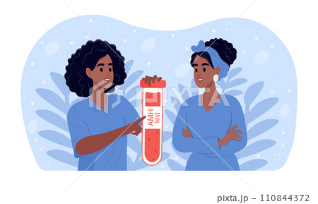 A young smiling black female doctor holding a test blood sample tube for analysis anti-Mu llerian hormone . A young smiling black female doctor holding a test blood sample tube for analysis anti-Mu llerian hormone . 110844372