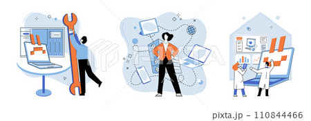 Computer troubleshooting. Vector illustration. Technicians specialize in correction and improvement computer systems Computer troubleshooting involves identifying and resolving software difficulties 110844466