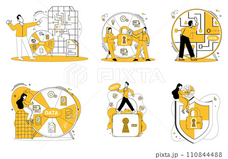 Data management vector illustration. Data security is fortress protecting valuable assets within database Big data is raw material awaiting sculptors touch in realm analytics In landscape information 110844488