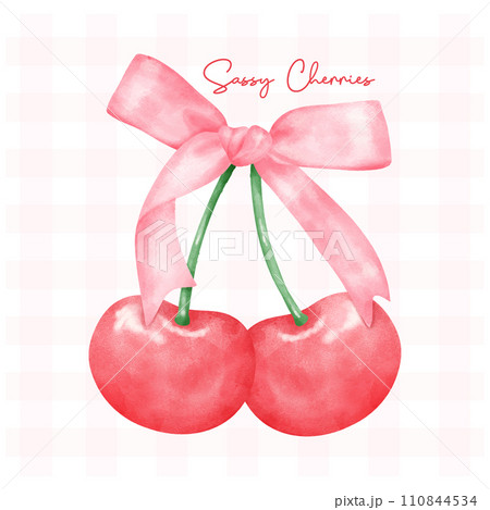 Red coquette cherries with pink ribbon bow, aesthetic watercolor hand drawing 110844534