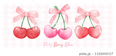 group of Red and hot pink coquette cherries with ribbon bow, aesthetic watercolor hand drawing banner. group of Red and hot pink coquette cherries with ribbon bow, aesthetic watercolor hand drawing banner. 110844537