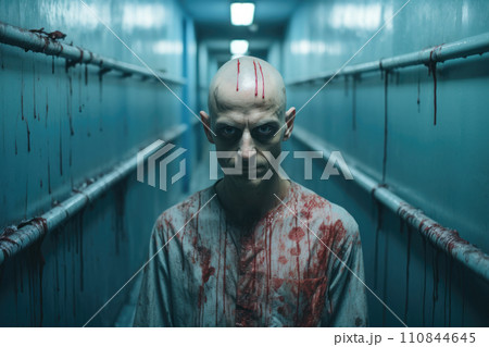 Scary Man with Bloodstained Clothes stands in Corridor. Generative AI Scary Man with Bloodstained Clothes stands in Corridor. Generative AI 110844645