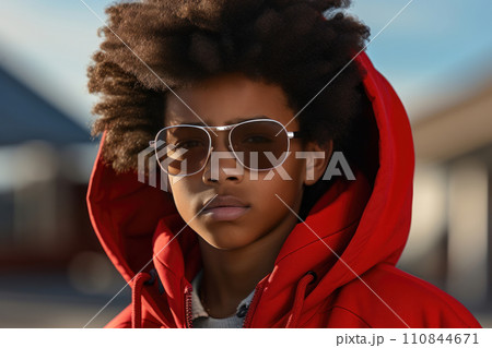 Stylish Young Boy with Sunglasses and Red Hoodie. Generative AI 110844671