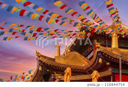 Buddhist praying flags near the monastery in Sanya, China. Buddhist praying flags near the monastery in Sanya, China. 110844754