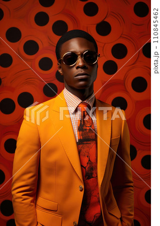 Stylish Man in Orange Suit with Retro Sunglasses. Generative AI 110845462