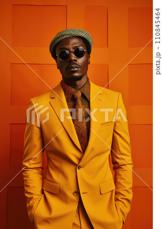Chic Man in Orange Suit Standing Against Orange Background. Generative AI 110845464