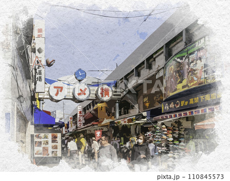 水彩画風 上野 アメ横商店街 東京都台東区 水彩画風 上野 アメ横商店街 東京都台東区 110845573