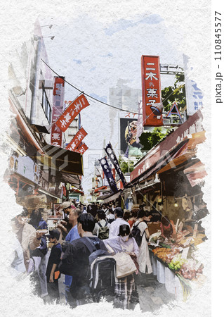 水彩画風　上野　アメ横商店街　東京都台東区 110845577