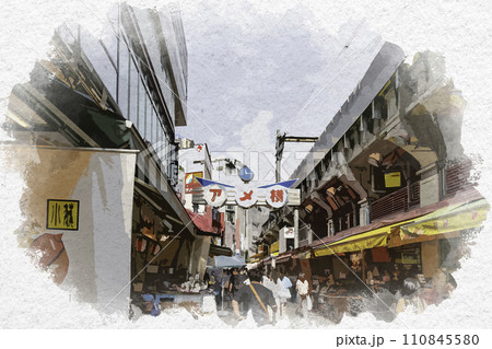 水彩画風 上野 アメ横商店街 東京都台東区 水彩画風 上野 アメ横商店街 東京都台東区 110845580