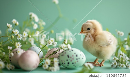 Chick with Elegant Easter Eggs and Flowers 110845785