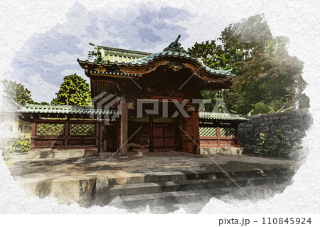 水彩画風　寛永寺　徳川綱吉霊廟勅額門　東京都台東区 110845924