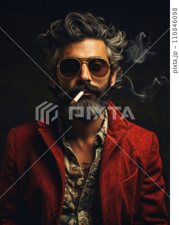 Styled Man with Cigarette in Moody Lighting. Generative AI 110846098