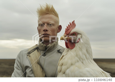 Surreal Twins. Albino Man with Rooster. Generative AI 110846140