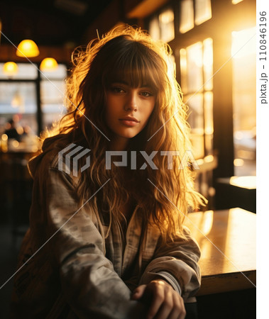 Young Woman with Sunlit Hair in a Cozy Cafe. Generative AI 110846196