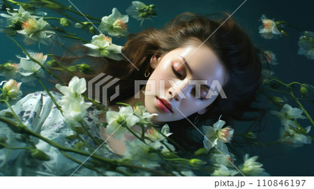 Young woman surrounded by blooming flowers. Generative AI 110846197