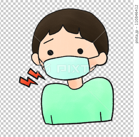 Hand-drawn illustration of a boy with a sore throat wearing a mask with a sore throat Hand-drawn illustration of a boy with a sore throat wearing a mask with a sore throat 110846412
