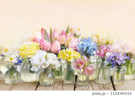 Delicate blooming light springtime flowers in vases, spring blossoming floral festive background, bouquets floral card, selective focus, shallow DOF	 Delicate blooming light springtime flowers in vases, spring blossoming floral festive background, bouquets floral card, selective focus, shallow DOF	 110846434