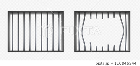Broken metal prison cell bars 110846544