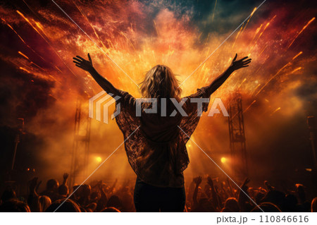 Woman Embracing the Energy at a Music Festival. Generative AI Woman Embracing the Energy at a Music Festival. Generative AI 110846616