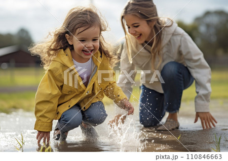 Young Girl Splashing Water with Sister Outdoors. Generative AI 110846663