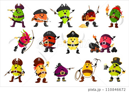 Cartoon fruit pirate and corsair characters. Vector bergamot, orange, grapes and passion, dragon or star fruit. Feijoa, lychee, durian or jackfruit, figs, mango and pear. Carambola, apple and melon 110846672