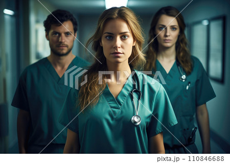 Leading Nurse with Team in Hospital Hallway. Generative AI 110846688