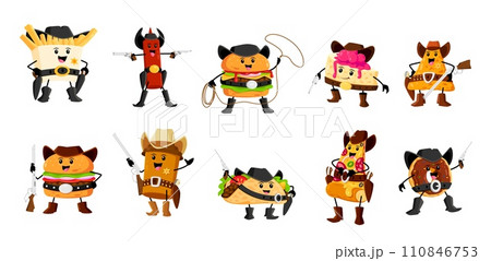 Cartoon fast food cowboy and ranger, bandit and sheriff characters. Vector french fries, ketchup bottle, nachos, donut and burger. Pizza slice, coffee cup, cheesecake and taco wild west personages 110846753