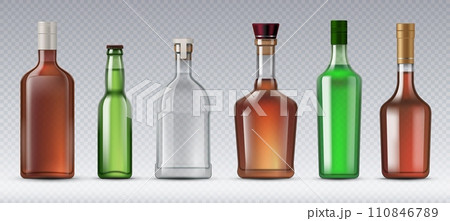 Realistic alcohol glass bottles. Scotch and beer, gin and bourbon, absinthe, brandy bottles. Vector containers designed to store and transport alcoholic beverages, preserving their quality and flavor Realistic alcohol glass bottles. Scotch and beer, gin and bourbon, absinthe, brandy bottles. Vector containers designed to store and transport alcoholic beverages, preserving their quality and flavor 110846789