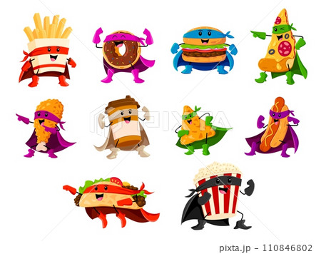 Cartoon fast food superhero characters. Vector comics personages french fries, donut, burger and pizza slice, chicken drumstick, coffee cup, nachos and hot dog with tacos and pop corn wear costumes 110846802