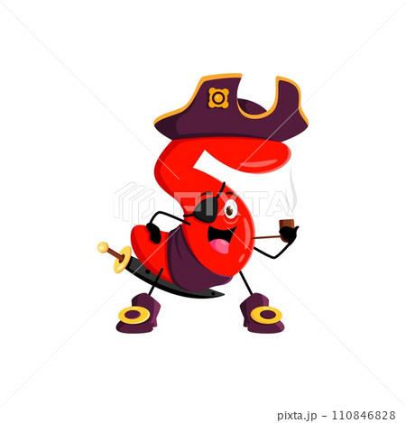 Cartoon math number five pirate captain corsair sailor character. Isolated vector swashbuckling numeral 5 personage sails the seas with a smoking pipe, blending arithmetic antics with seafaring charm 110846828