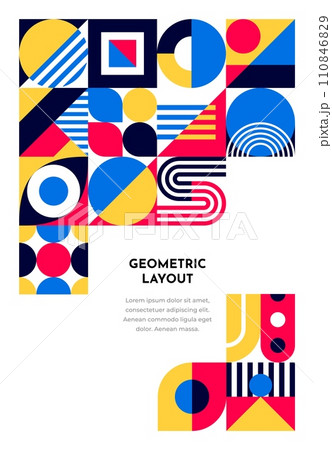 Abstract poster and banner with bauhaus geometric pattern. Vector background with minimal shapes. Vintage art layout template with bold primitive elements as circles, triangles, dots and squares Abstract poster and banner with bauhaus geometric pattern. Vector background with minimal shapes. Vintage art layout template with bold primitive elements as circles, triangles, dots and squares 110846829