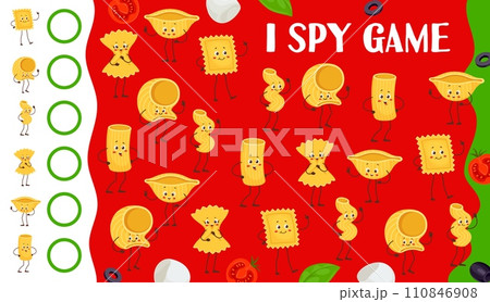 I spy game. Cartoon funny italian pasta characters kids quiz puzzle. Find and count macaroni food personages vector worksheet with kawaii ravioli, conchiglie, farfale and rigatoni, cavatappi, lumache I spy game. Cartoon funny italian pasta characters kids quiz puzzle. Find and count macaroni food personages vector worksheet with kawaii ravioli, conchiglie, farfale and rigatoni, cavatappi, lumache 110846908