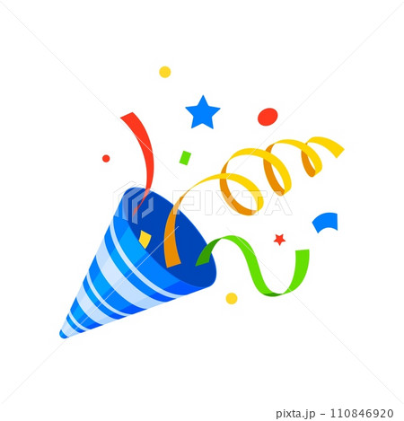 Birthday popper striped cone, holiday party firecracker with confetti and ribbon. Isolated cartoon vector colorful shooter burst with joy and celebration, adding a festive touch to special moments Birthday popper striped cone, holiday party firecracker with confetti and ribbon. Isolated cartoon vector colorful shooter burst with joy and celebration, adding a festive touch to special moments 110846920