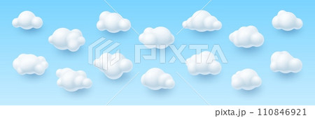 3d sky clouds, realistic vector cumulus formations three-dimensional rendering elements, enhancing visual environments in virtual worlds or computer scenes for immersive and lifelike atmospheres 110846921
