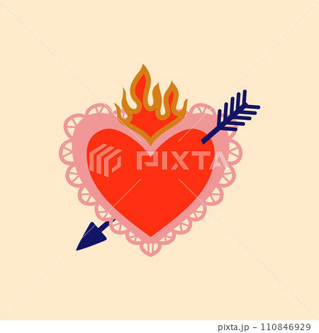 Mexico sacred heart with arrow retro sticker. Love and Mexico sacred symbol, spiritual tattoo or Christian religion vector print. Latin America culture patch with fire flaming heart Mexico sacred heart with arrow retro sticker. Love and Mexico sacred symbol, spiritual tattoo or Christian religion vector print. Latin America culture patch with fire flaming heart 110846929