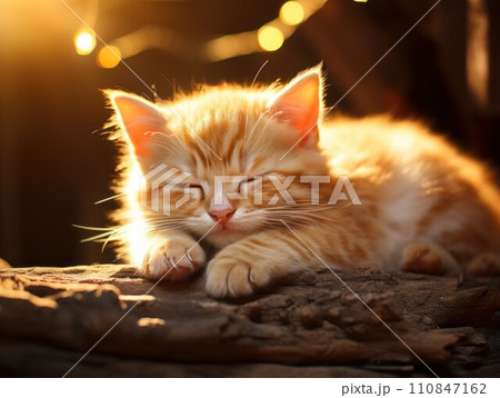 Peaceful Kitten Slumbering in Warm Light. Generative AI 110847162