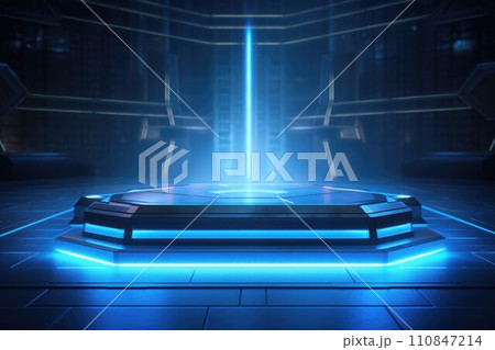 Futuristic Podium with Neon Blue Lighting. Generative AI Futuristic Podium with Neon Blue Lighting. Generative AI 110847214