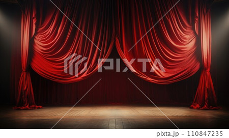 Dramatic Theater Stage with Red Curtain. Generative AI 110847235