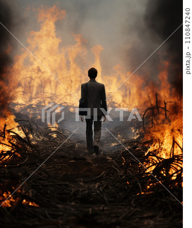 Businessman Walking Toward Inferno on a Scorched Earth. Generative AI 110847240