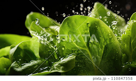 Fresh Green Lettuce Leaves Splashed with Water. Generative AI 110847358