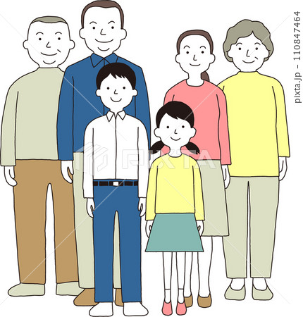 中高生のいる三世代家族 前後に並んで 中高生のいる三世代家族 前後に並んで 110847464