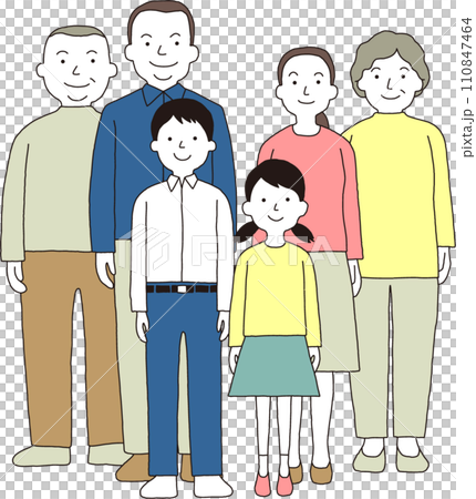 中高生のいる三世代家族 前後に並んで 中高生のいる三世代家族 前後に並んで 110847464