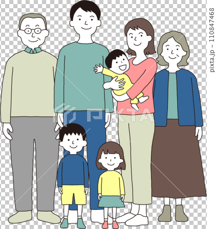 一個三代之家，帶著嬰兒和小孩，一前一後排成一排 110847468