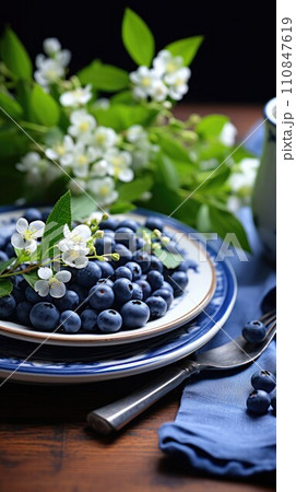Fresh Blueberries on Decorative Blue Plate. Generative AI 110847619